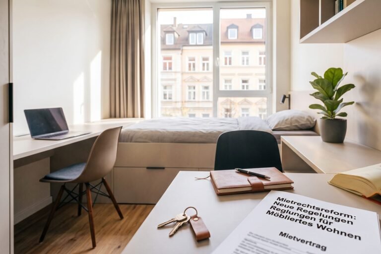 Ein helles Foto eines Schreibtisches in einem modernen Mikroapartment. Darauf liegen Schlüssel, ein Leder-Notizbuch, ein offenes BGB-Gesetzesbuch und ein Dokument mit dem Text: "Mietrechtsreform: Neue Regelungen für Möbliertes Wohnen" und "Mietvertrag". Im Hintergrund sind ein Hochbett und ein Laptop-Arbeitsplatz sichtbar