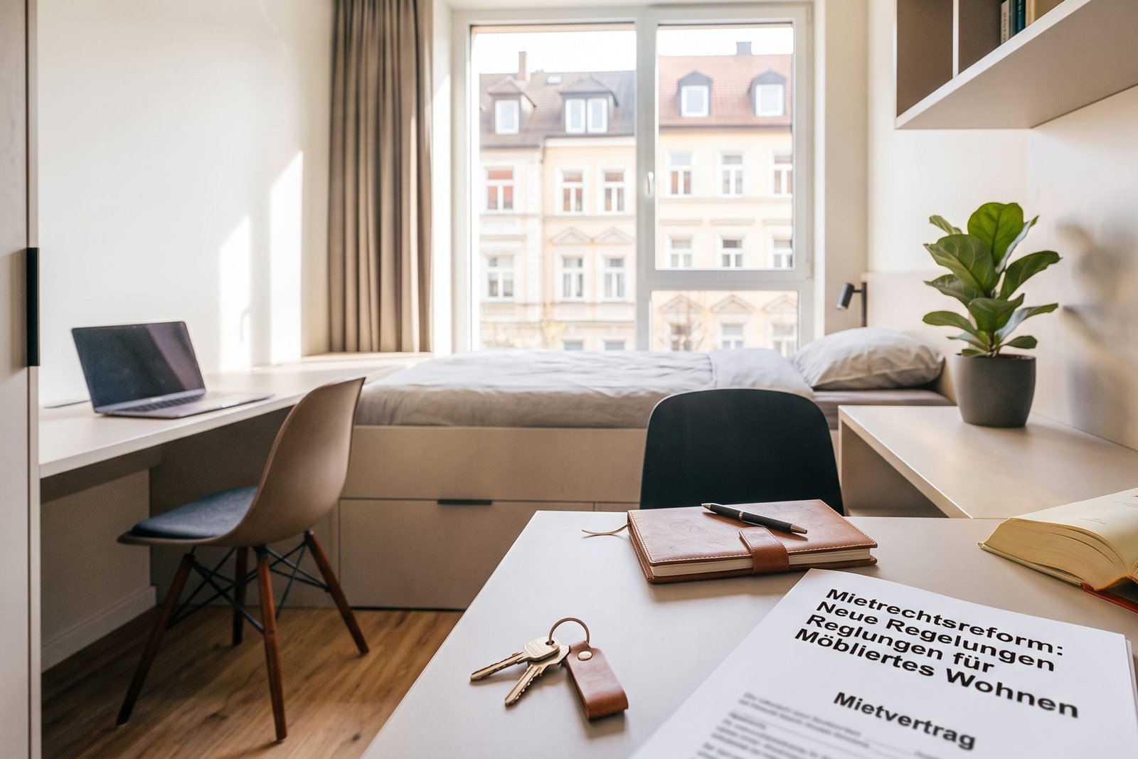 Ein helles Foto eines Schreibtisches in einem modernen Mikroapartment. Darauf liegen Schlüssel, ein Leder-Notizbuch, ein offenes BGB-Gesetzesbuch und ein Dokument mit dem Text: "Mietrechtsreform: Neue Regelungen für Möbliertes Wohnen" und "Mietvertrag". Im Hintergrund sind ein Hochbett und ein Laptop-Arbeitsplatz sichtbar